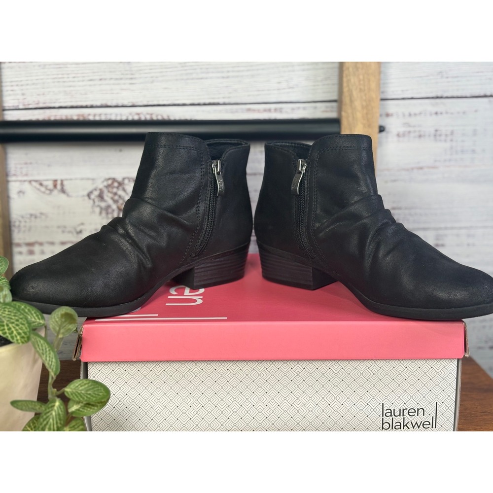 Lauren Blakwell Lyla Black Ruched Buckle Ankle Boots Womens 7.5 Low Block Heel - Picture 8 of 9